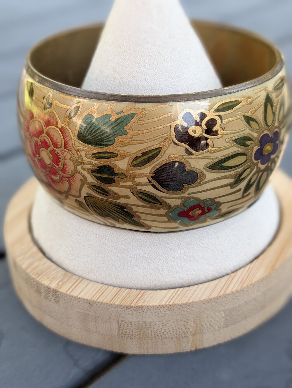 Vintage Floral Lacquered Bangle Bracelet | Colorful Botanical Print | Wide Boho